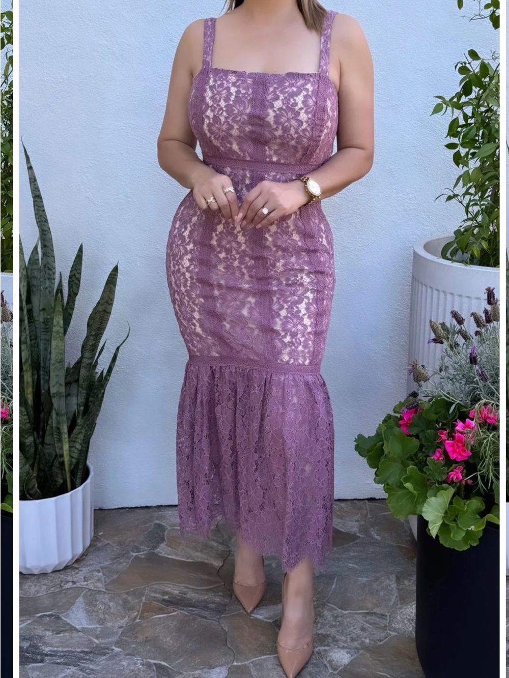 Just Me Lace Mermaid Midi Dress in Mauve